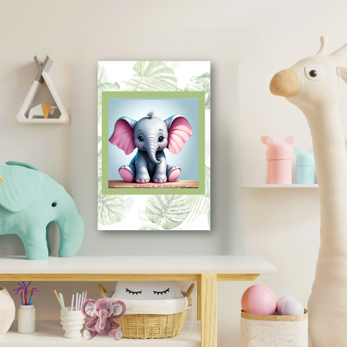 Sweet Elephant Canvas Set – Coordinating Mint Green Palm Prints