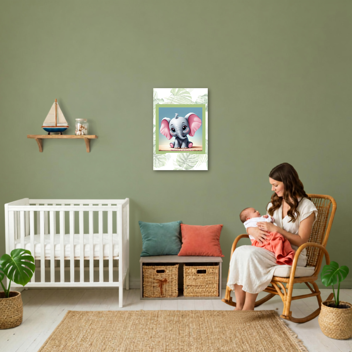 Sweet Elephant Canvas Set – Coordinating Mint Green Palm Prints
