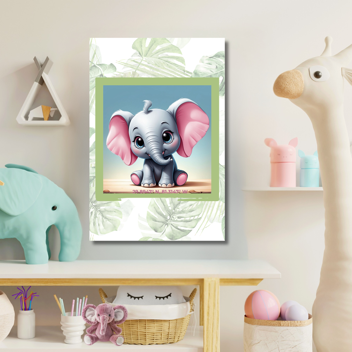 Sweet Elephant Canvas Set – Coordinating Mint Green Palm Prints