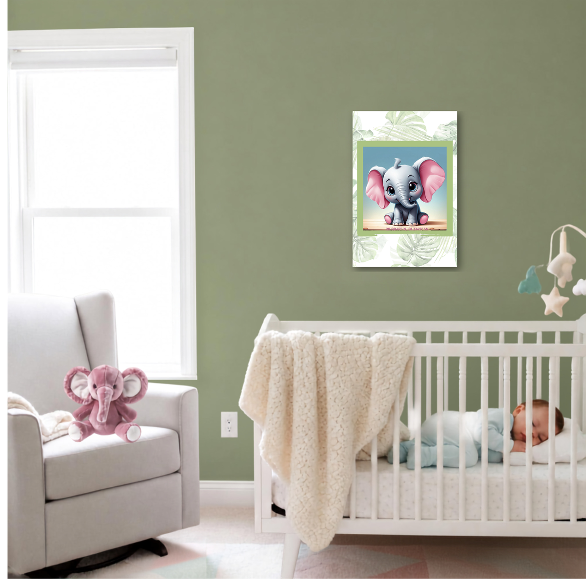 Sweet Elephant Canvas Set – Coordinating Mint Green Palm Prints
