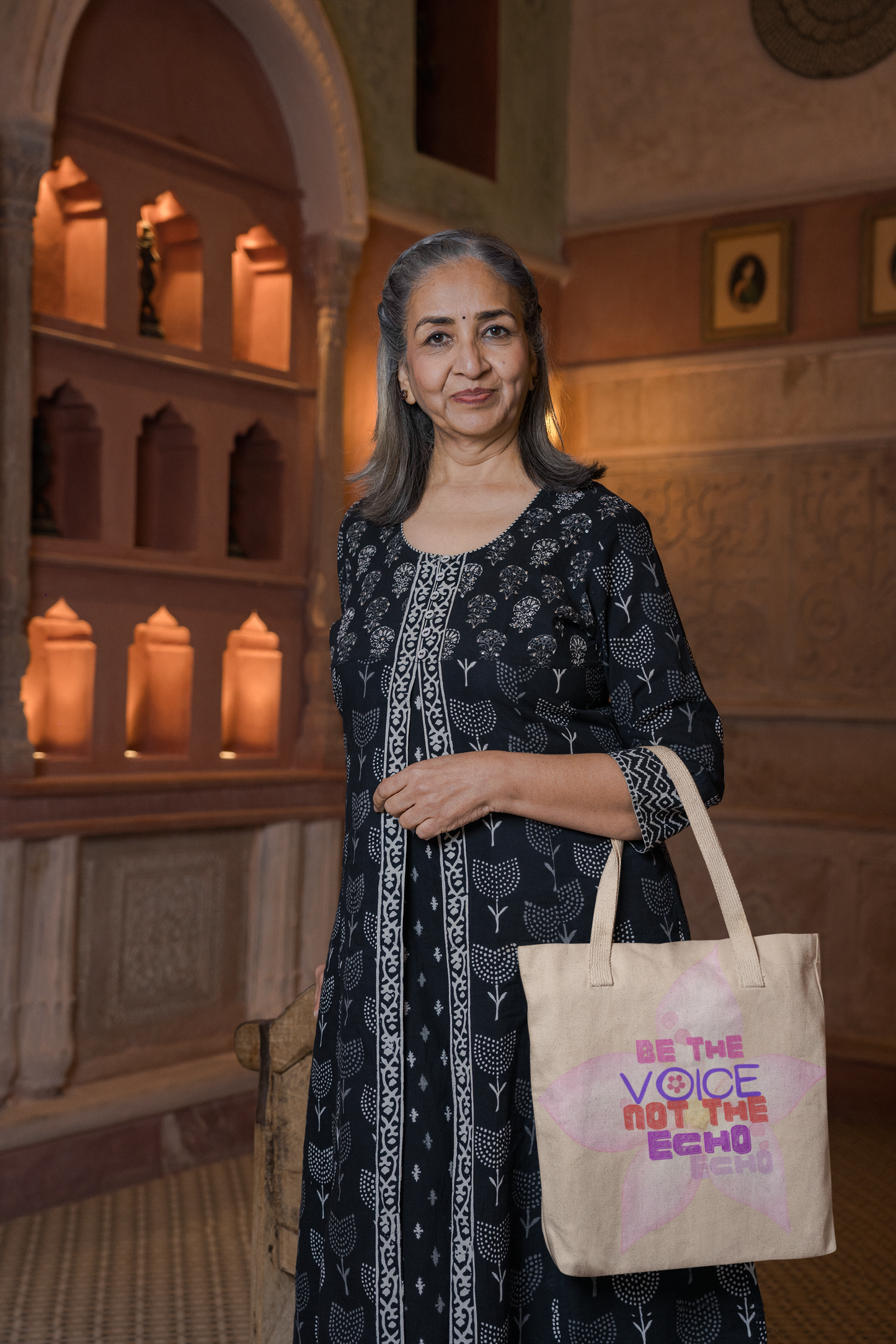 Floral Motivational Tote Bag – “Be the Voice, Not the Echo”  Empowering Gift for Women & Creatives