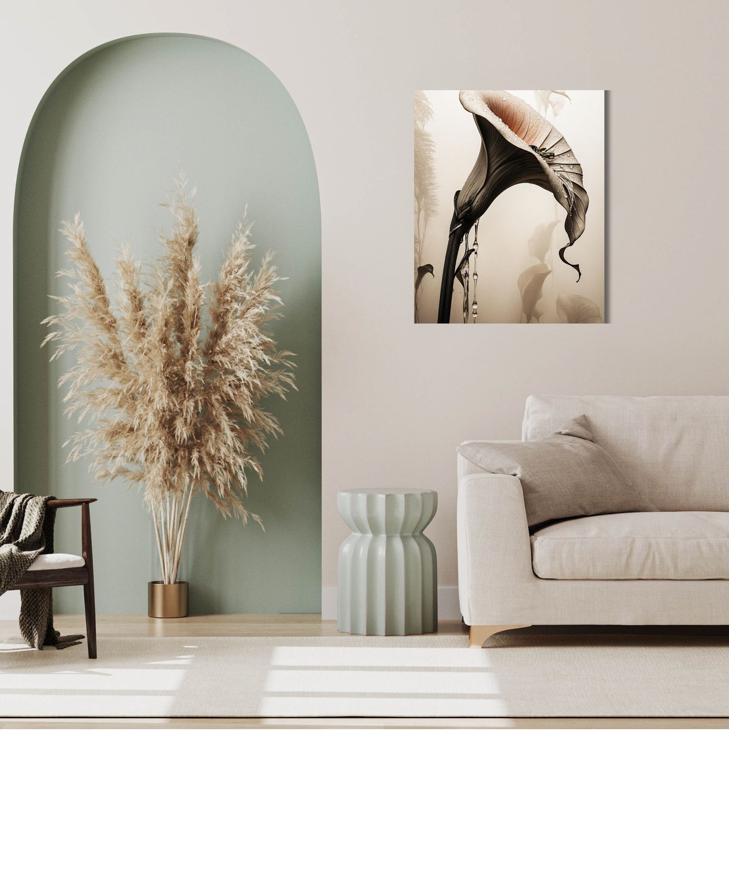 Moody Calla Lily with Raindrops Canvas Print | Luxury Sepia Botanical Wall Art