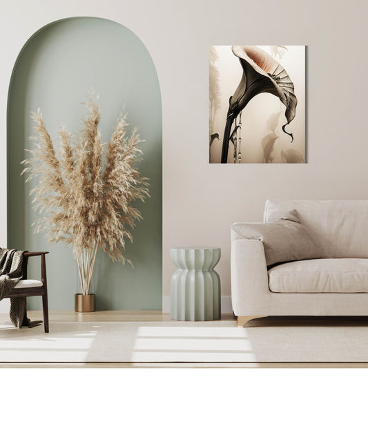 Moody Calla Lily with Raindrops Canvas Print | Luxury Sepia Botanical Wall Art