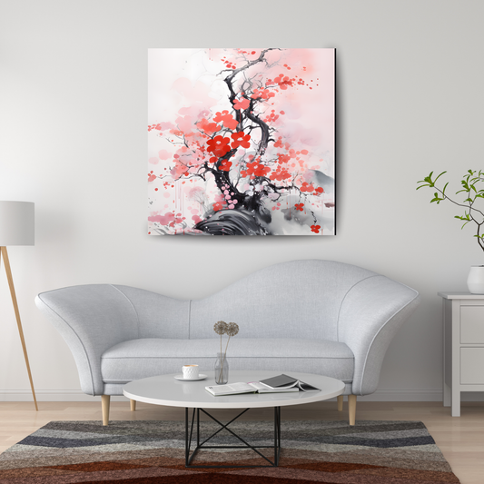 Sumi-e Cherry Blossom Tree Canvas Print | Japanese Ink Wash Floral Wall Art