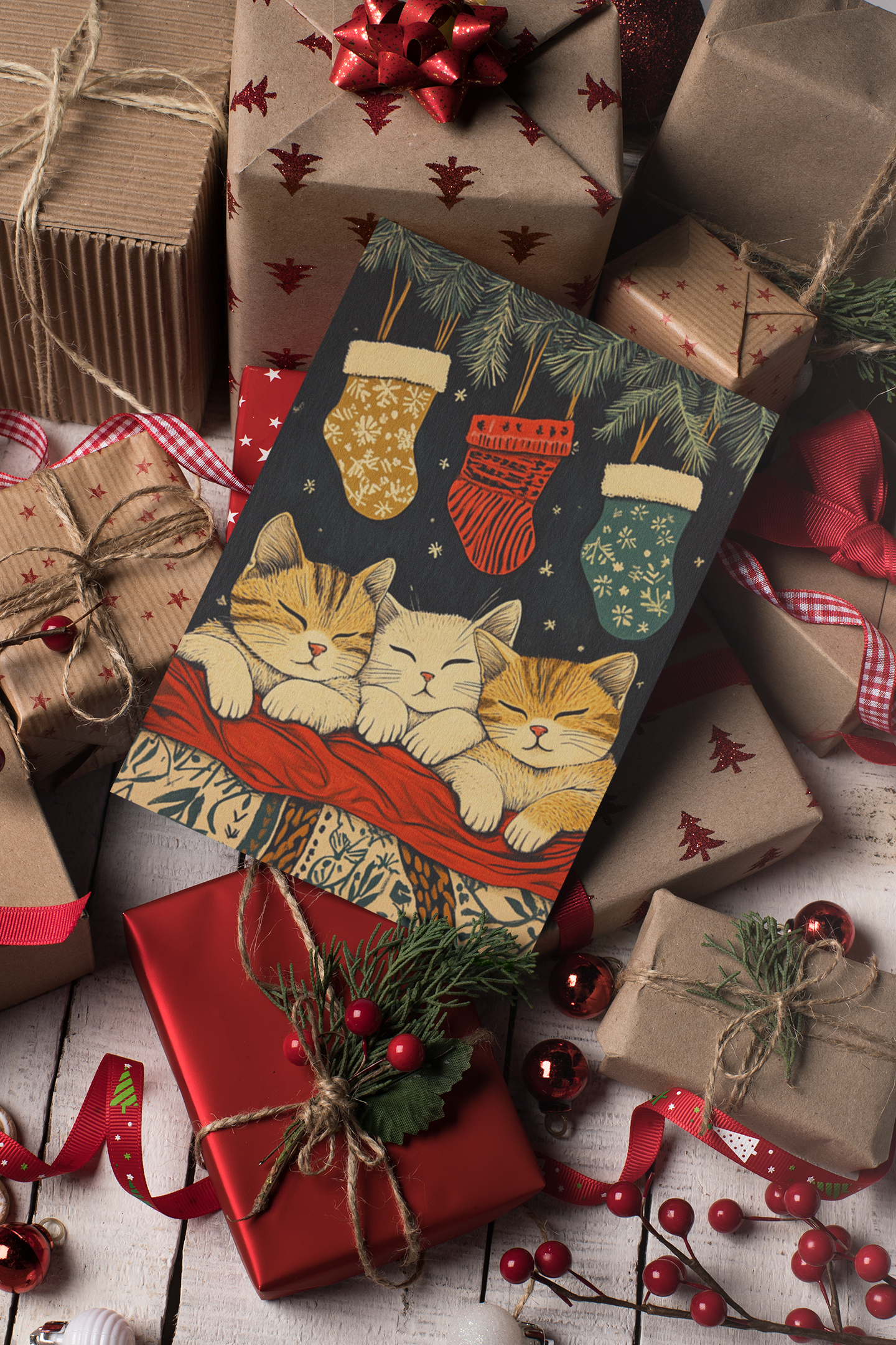 Meowy Christmas – Funny Cat Christmas Card with Cozy Charm  Ocean Petal Studio