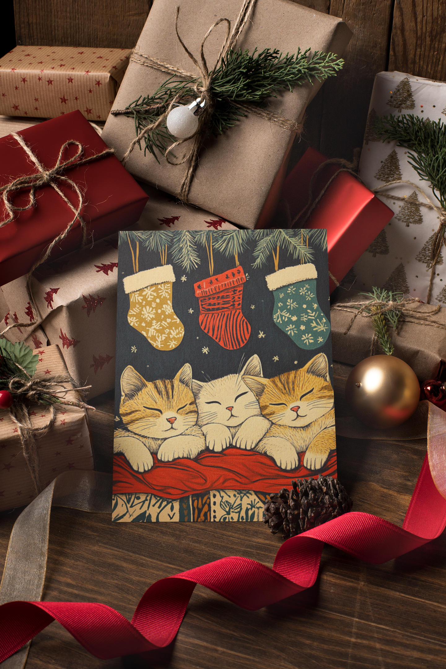 Meowy Christmas – Funny Cat Christmas Card with Cozy Charm  Ocean Petal Studio