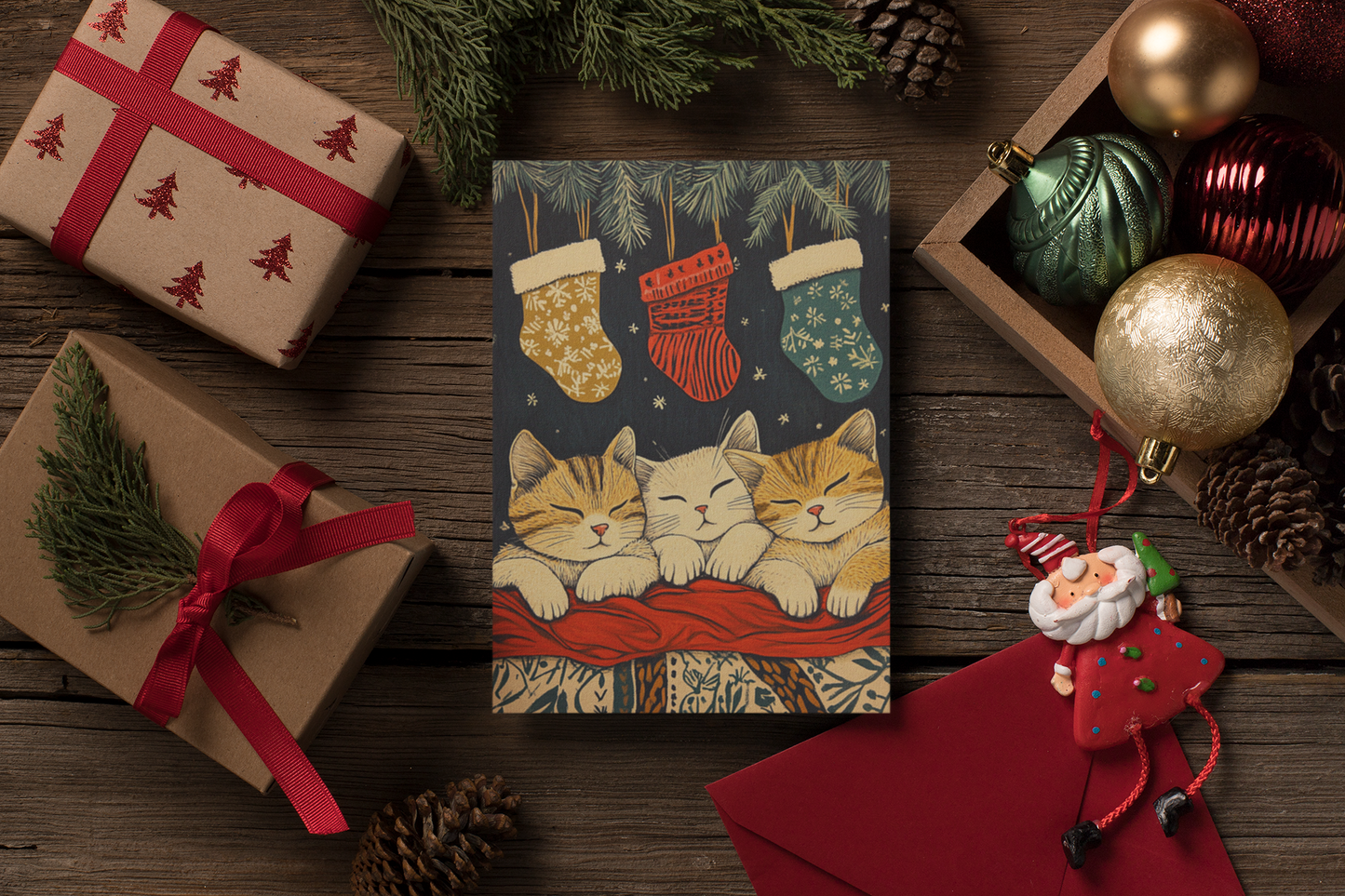 Meowy Christmas – Funny Cat Christmas Card with Cozy Charm  Ocean Petal Studio