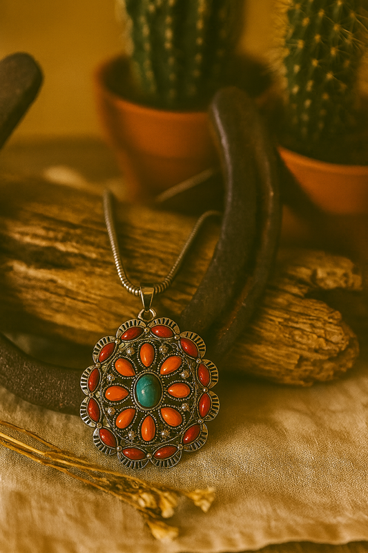 Southwestern Pendant Necklace – Turquoise & Red-Orange Floral Design