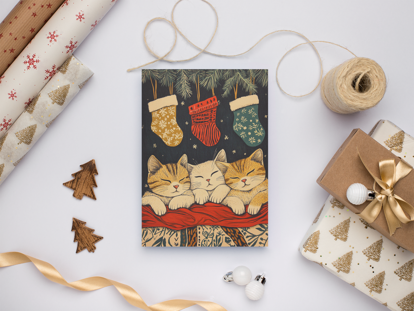 Meowy Christmas – Funny Cat Christmas Card with Cozy Charm  Ocean Petal Studio
