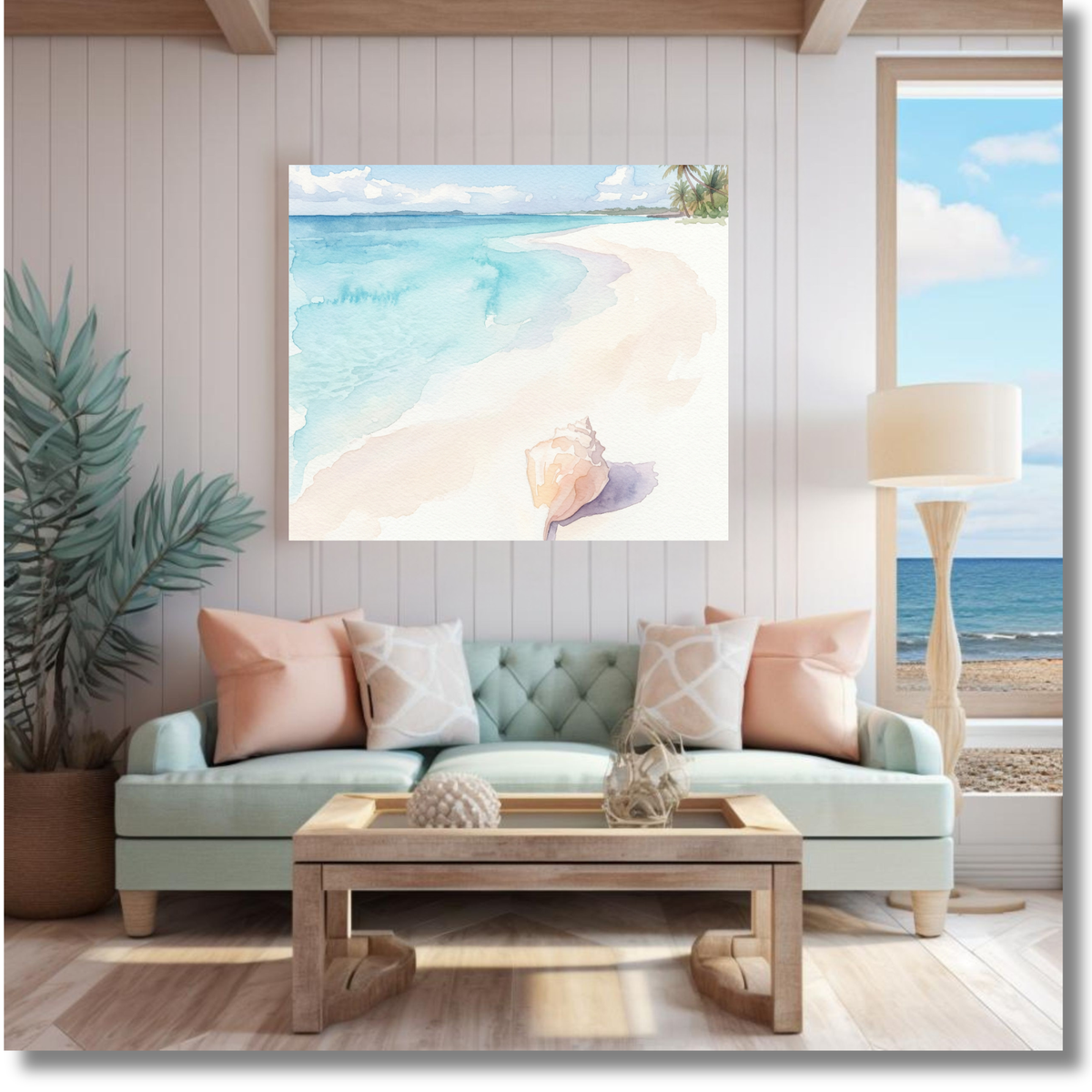 Tidal Whispers Conch Shell Canvas Art – Watercolor Beach Sand Edition