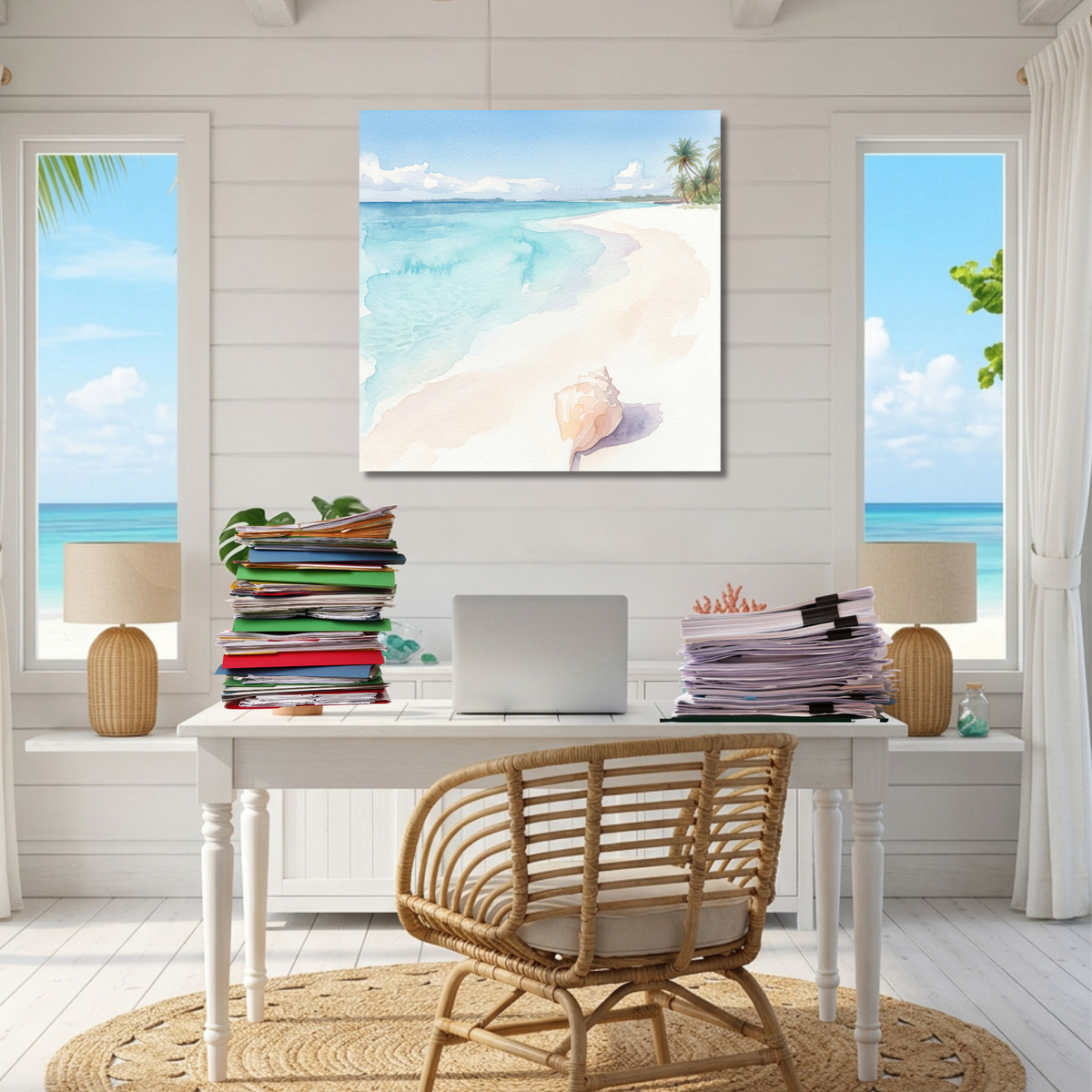 Tidal Whispers Conch Shell Canvas Art – Watercolor Beach Sand Edition