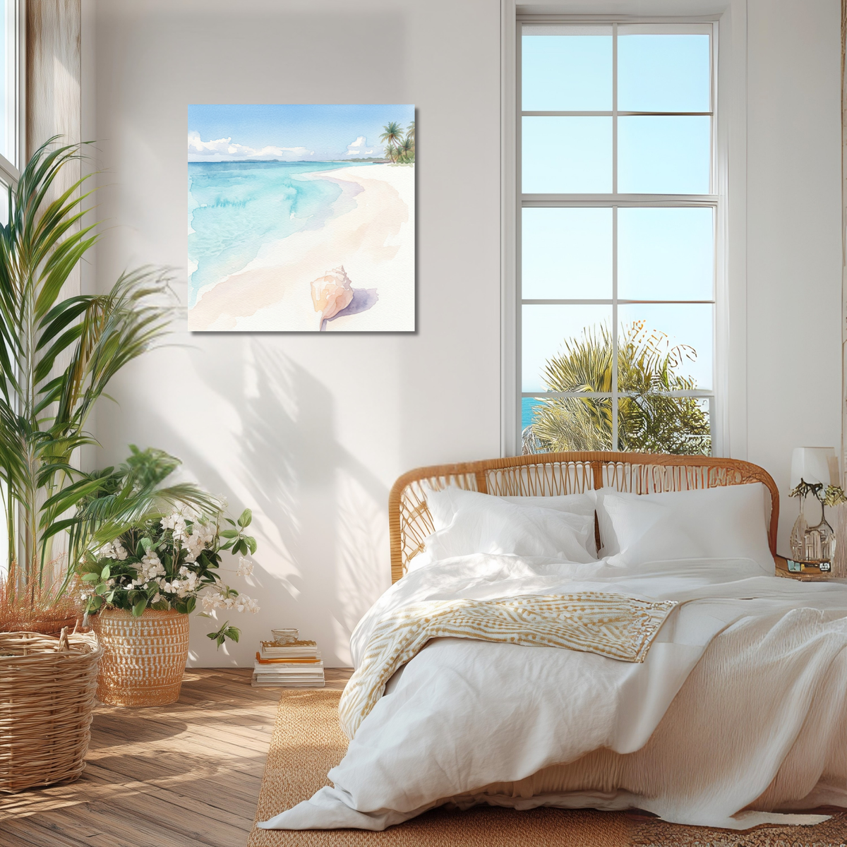 Tidal Whispers Conch Shell Canvas Art – Watercolor Beach Sand Edition