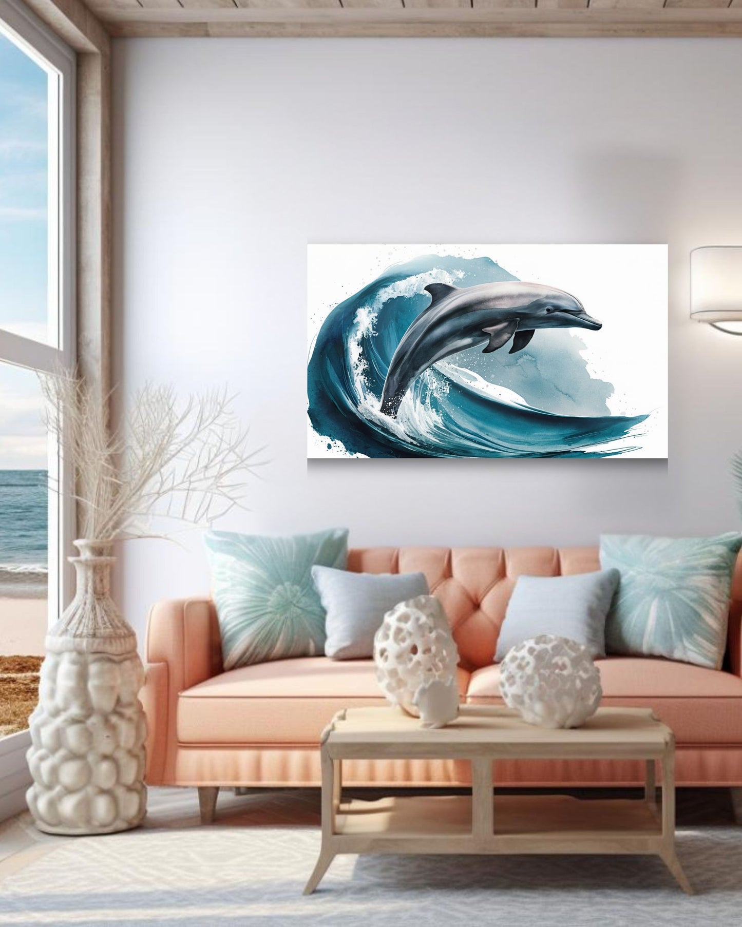 A canvas wall art print depicting a leaping dolphin in a blue ocean wave, displayed in a modern living room setting above a peach sofa.