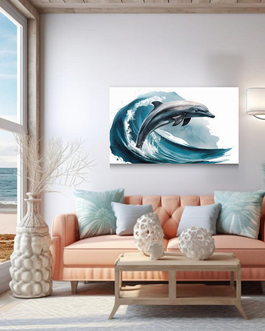 Dynamic Watercolor Dolphin Canvas Print | Ocean Crest Coastal Wall Art