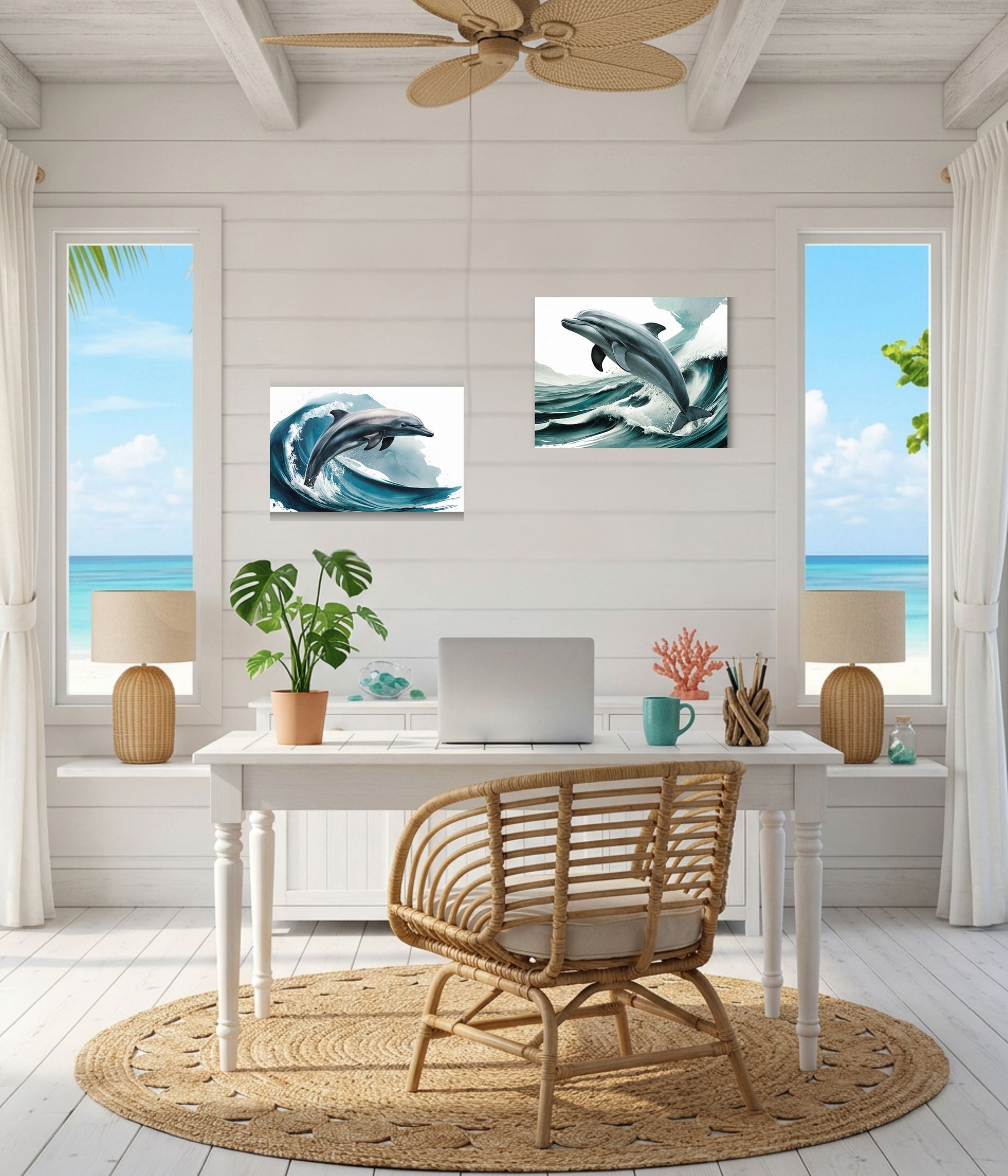 A styled interior room with white shiplap walls, two large windows showing the ocean, a white desk, wicker chair, lamps, and two unframed dolphin artwork prints mounted above the desk.