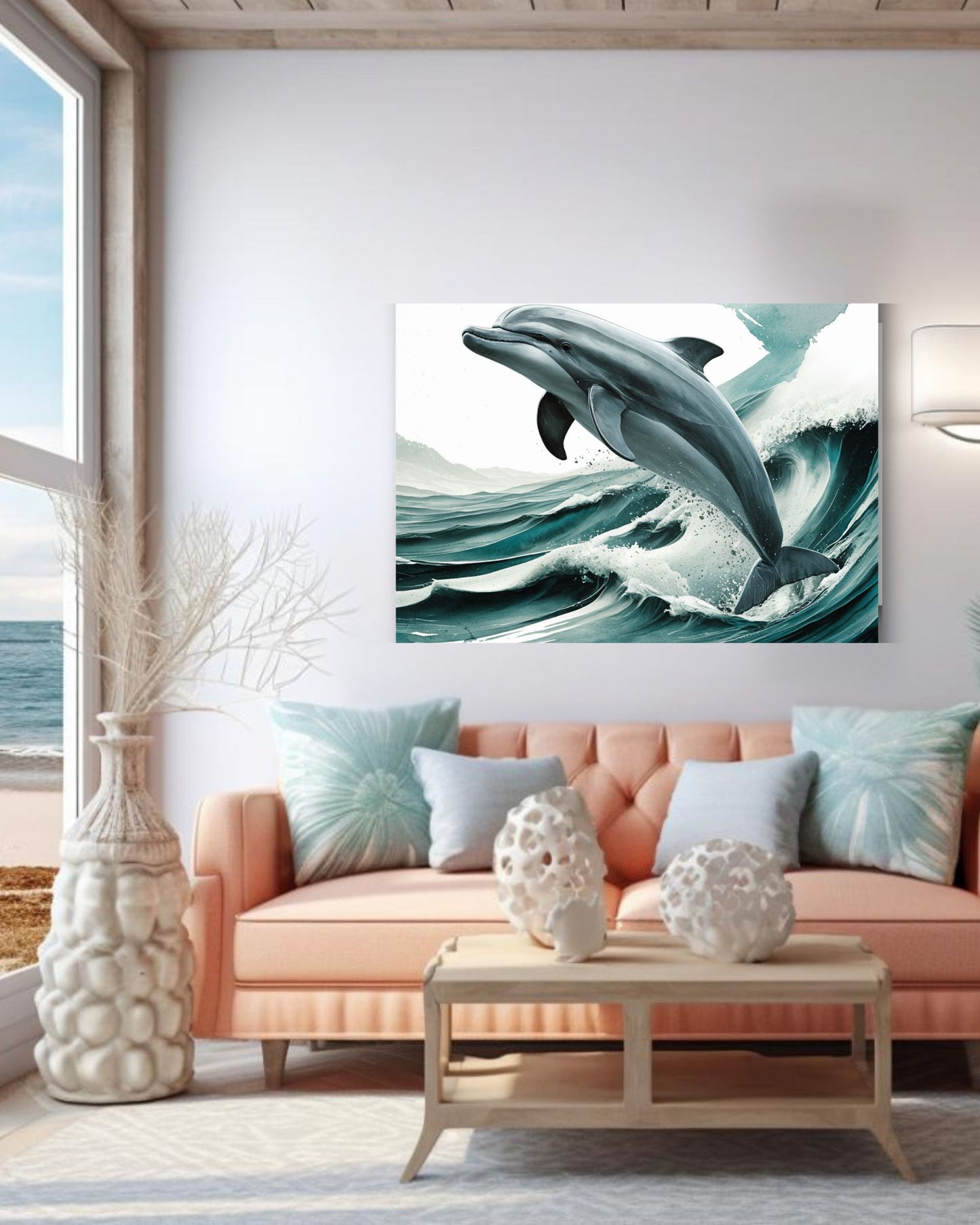 A square canvas wall art print depicting a gray dolphin leaping through blue-green ocean waves, displayed in a modern living room setting above a peach sofa with decorative pillows.