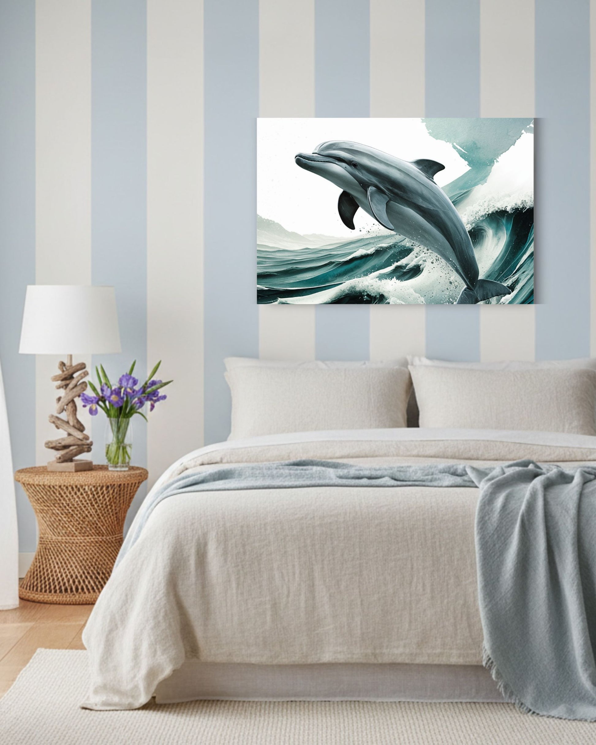 A wall art print of a dolphin leaping over ocean waves, displayed on a wall above a neatly made bed in a styled bedroom setting with blue and white striped wallpaper.