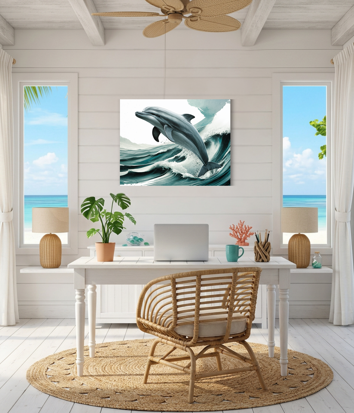 An unframed wall art print of a dolphin leaping through blue ocean waves, displayed in a bright, modern beach-themed room above a white desk with a wicker chair.