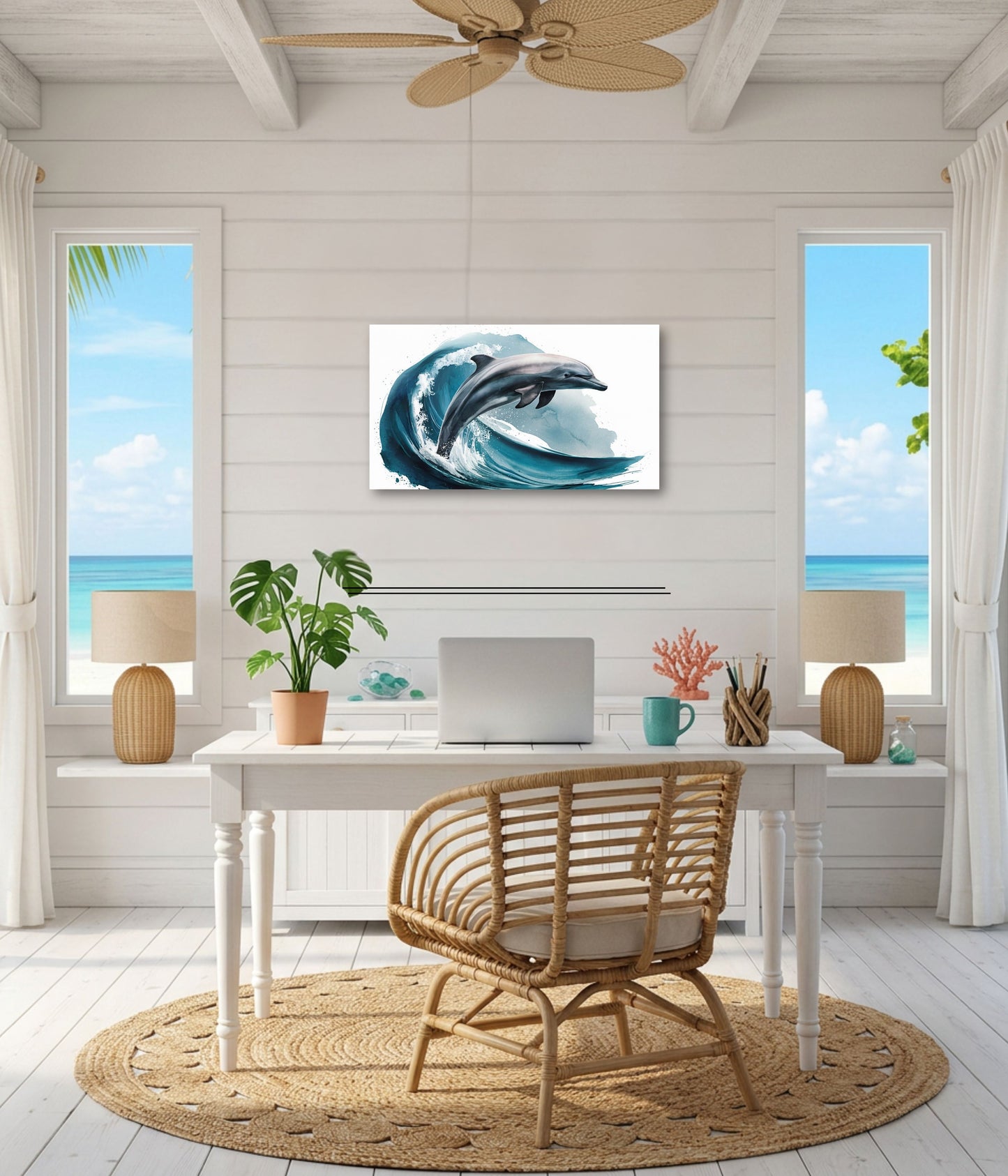An unframed wall art print showing a blue dolphin leap over a curling wave, displayed in a bright, modern beach-themed home office with a white desk, rattan chair, and ocean views through large windows.
