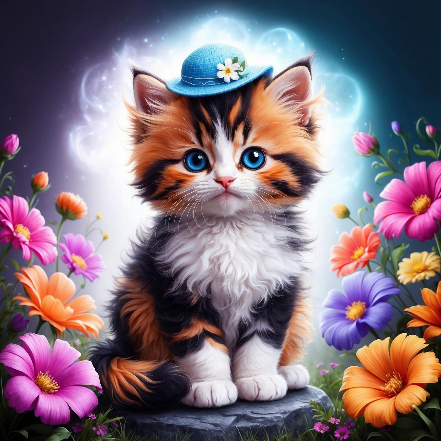 Daisy Hat — Magical Kitten in Flowers Canvas Print style 1