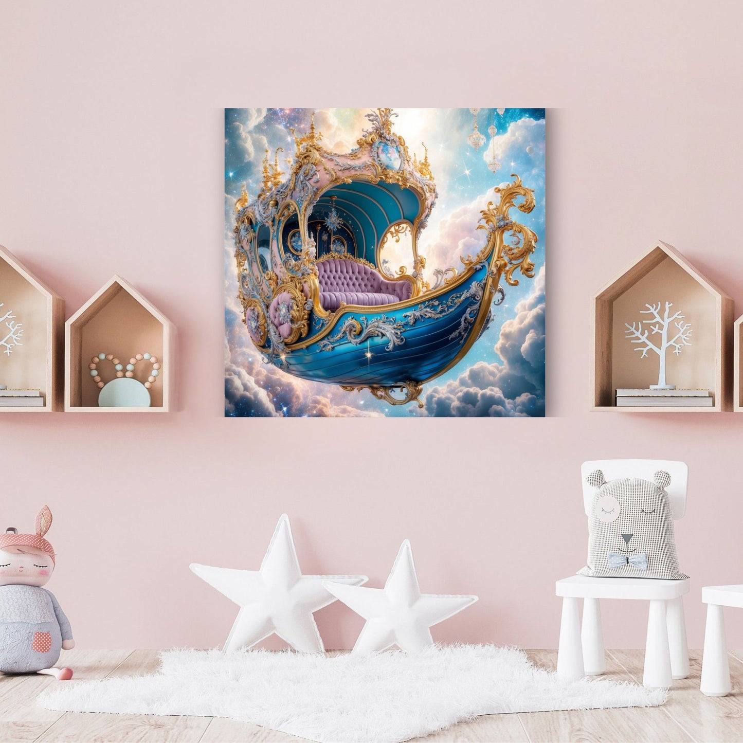 Whimsical Celestial Gondola Canvas Print | Dreamy Nursery Wall Art