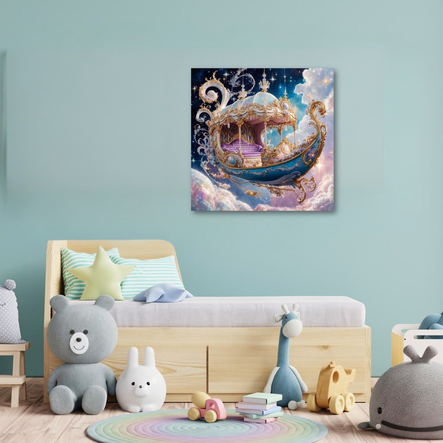 Whimsical Celestial Gondola Canvas Print | Dreamy Nursery Wall Art