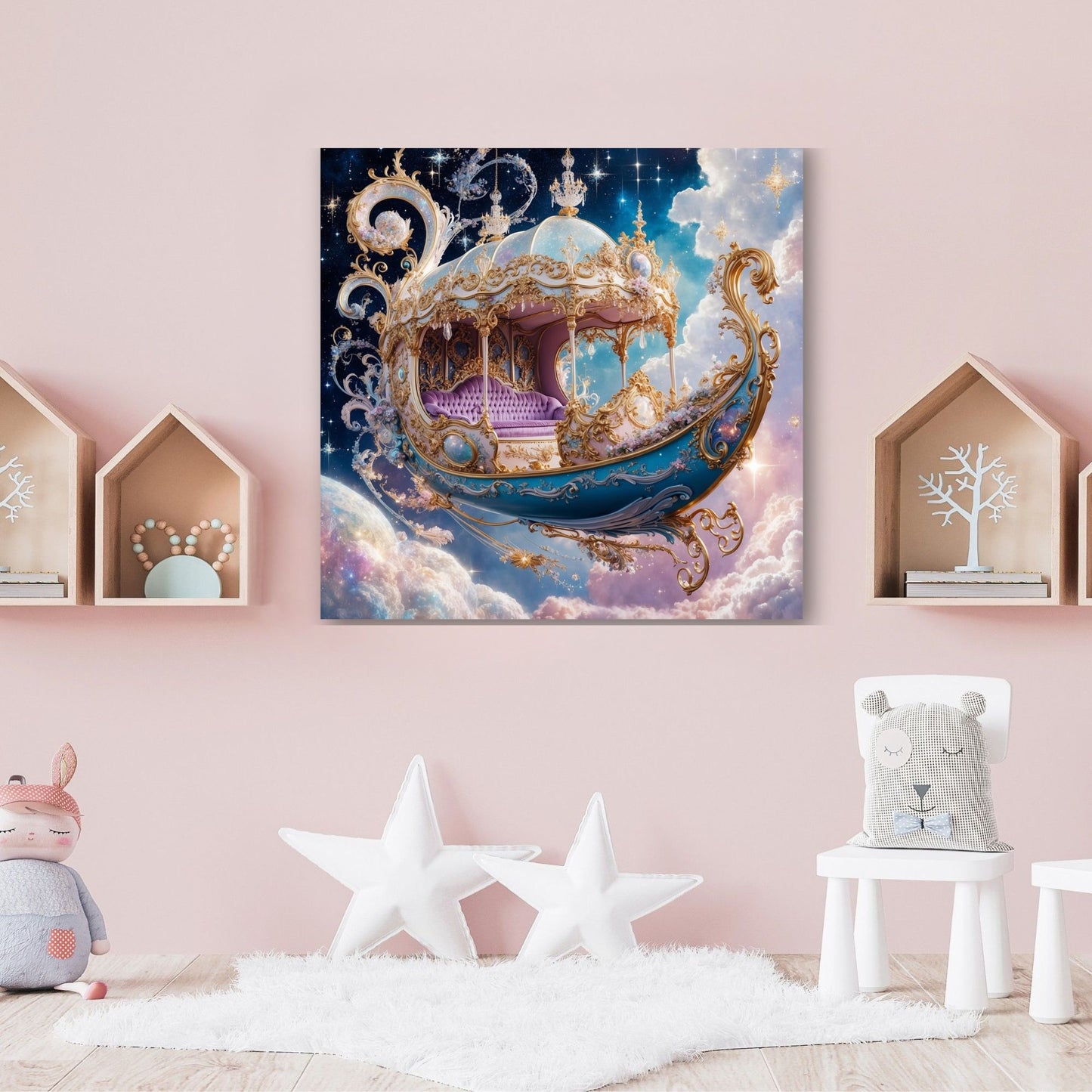 Whimsical Celestial Gondola Canvas Print | Dreamy Nursery Wall Art
