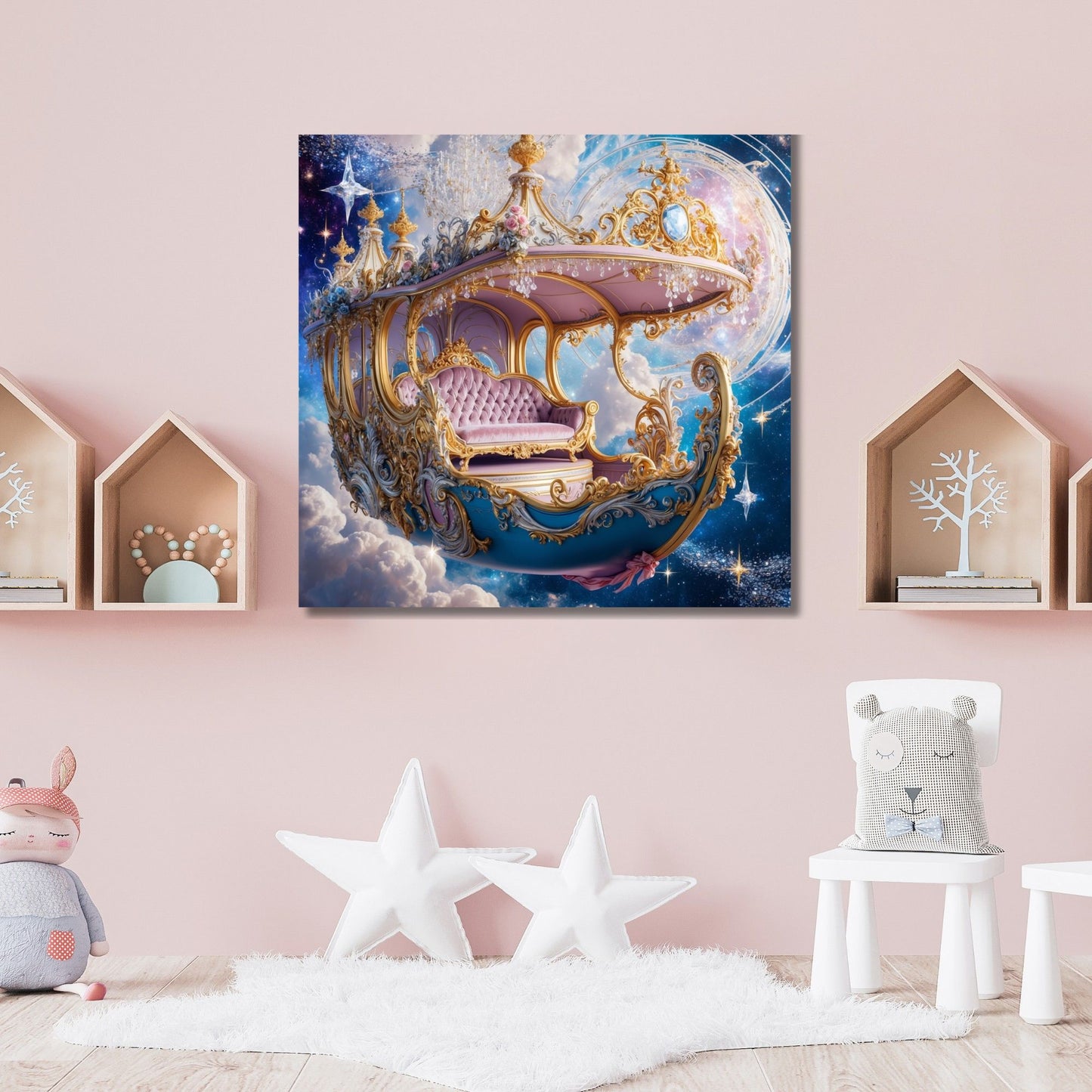 Whimsical Celestial Gondola Canvas Print | Dreamy Nursery Wall Art