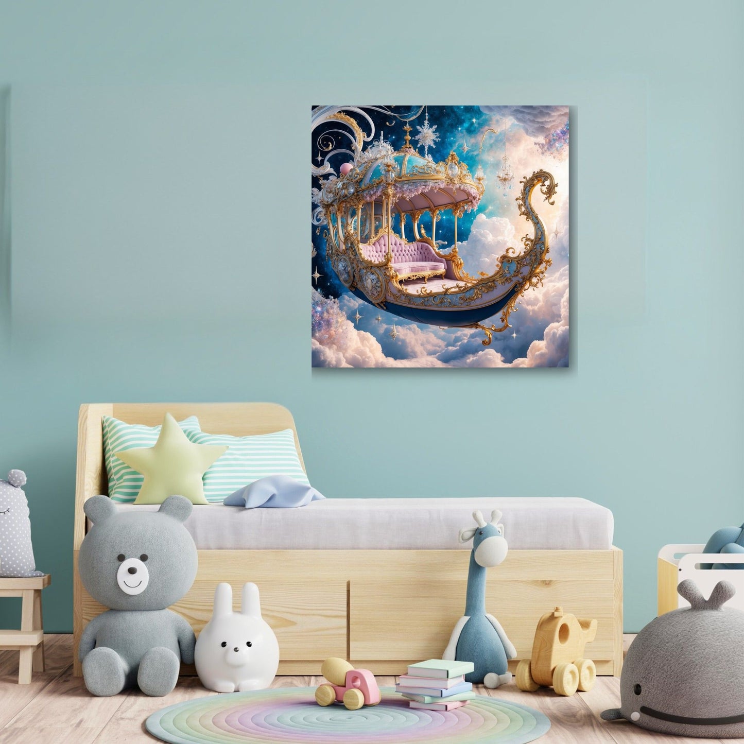 Whimsical Celestial Gondola Canvas Print | Dreamy Nursery Wall Art