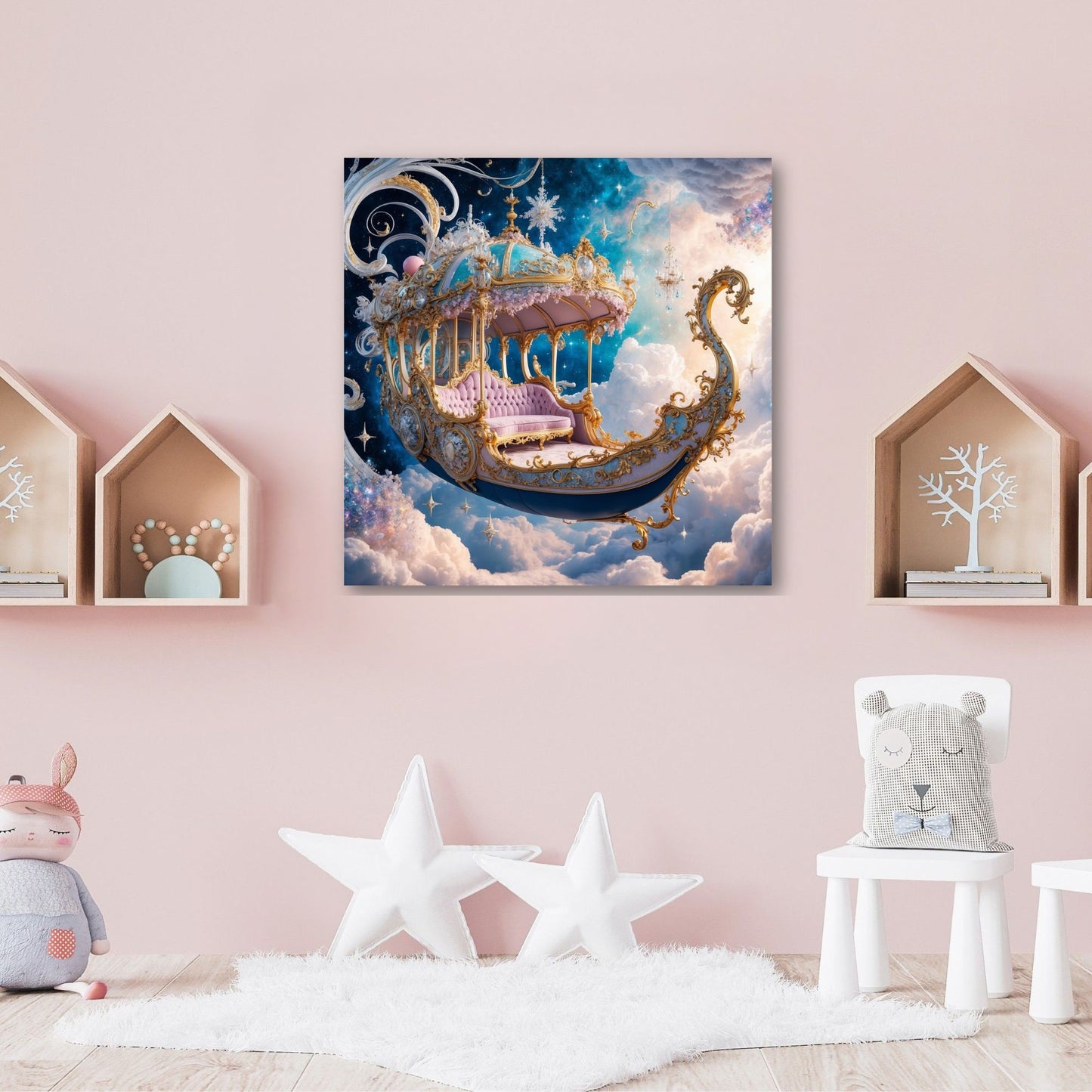 Whimsical Celestial Gondola Canvas Print | Dreamy Nursery Wall Art