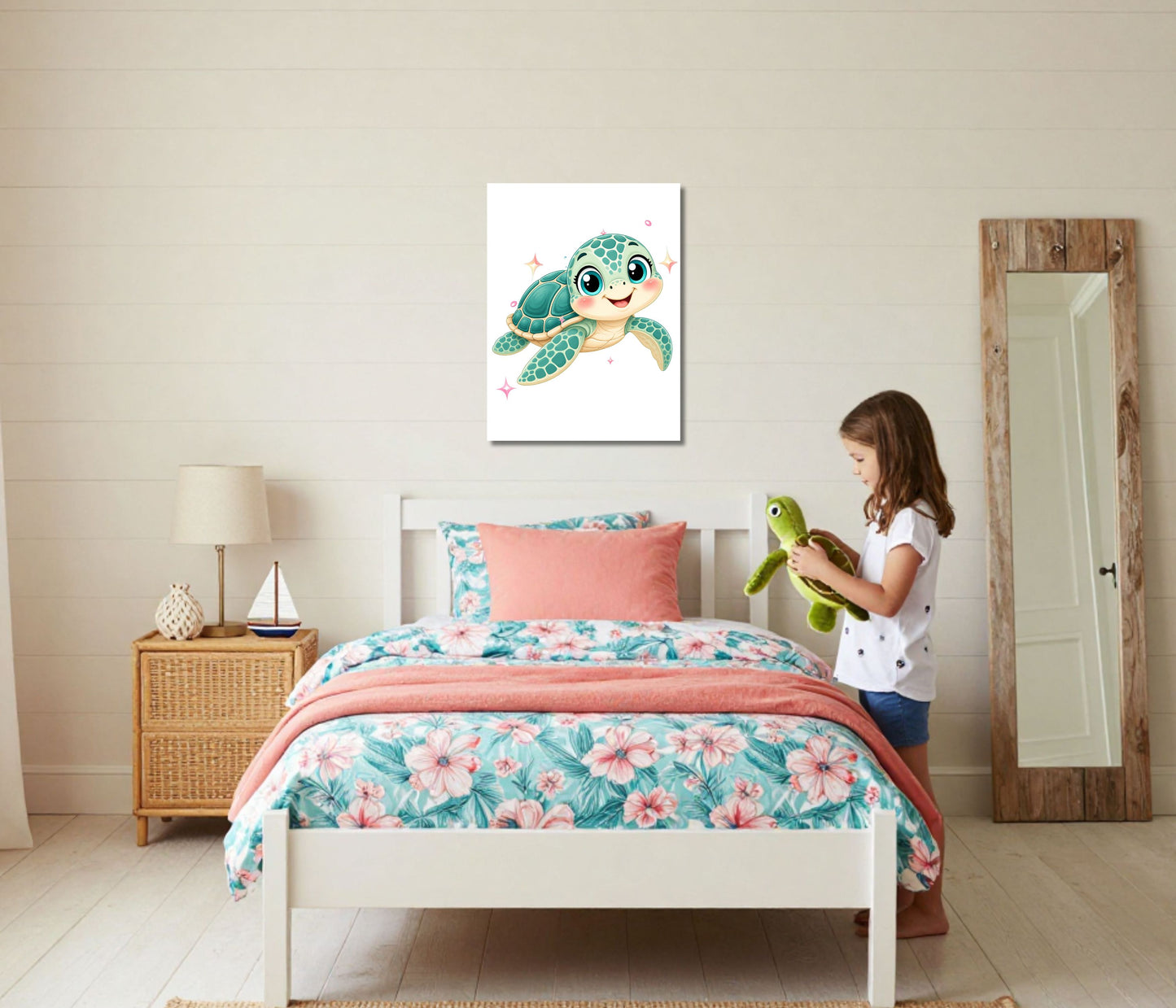 A child's bedroom scene with a bed dressed in floral bedding and a coral throw, a girl standing beside it holding a green plush turtle, and a framed turtle illustration hanging on the wall above the bed.