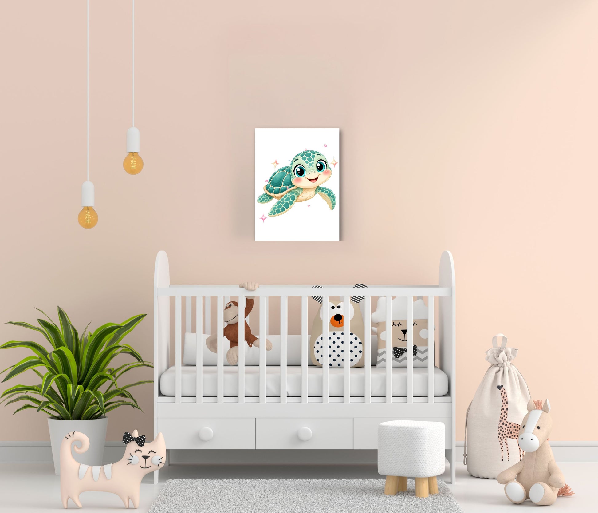 A nursery room scene with a white crib against a blush pink wall, a framed sea turtle illustration centered above the crib, a potted plant, hanging bulbs, a small stool, and stuffed toys on the floor.