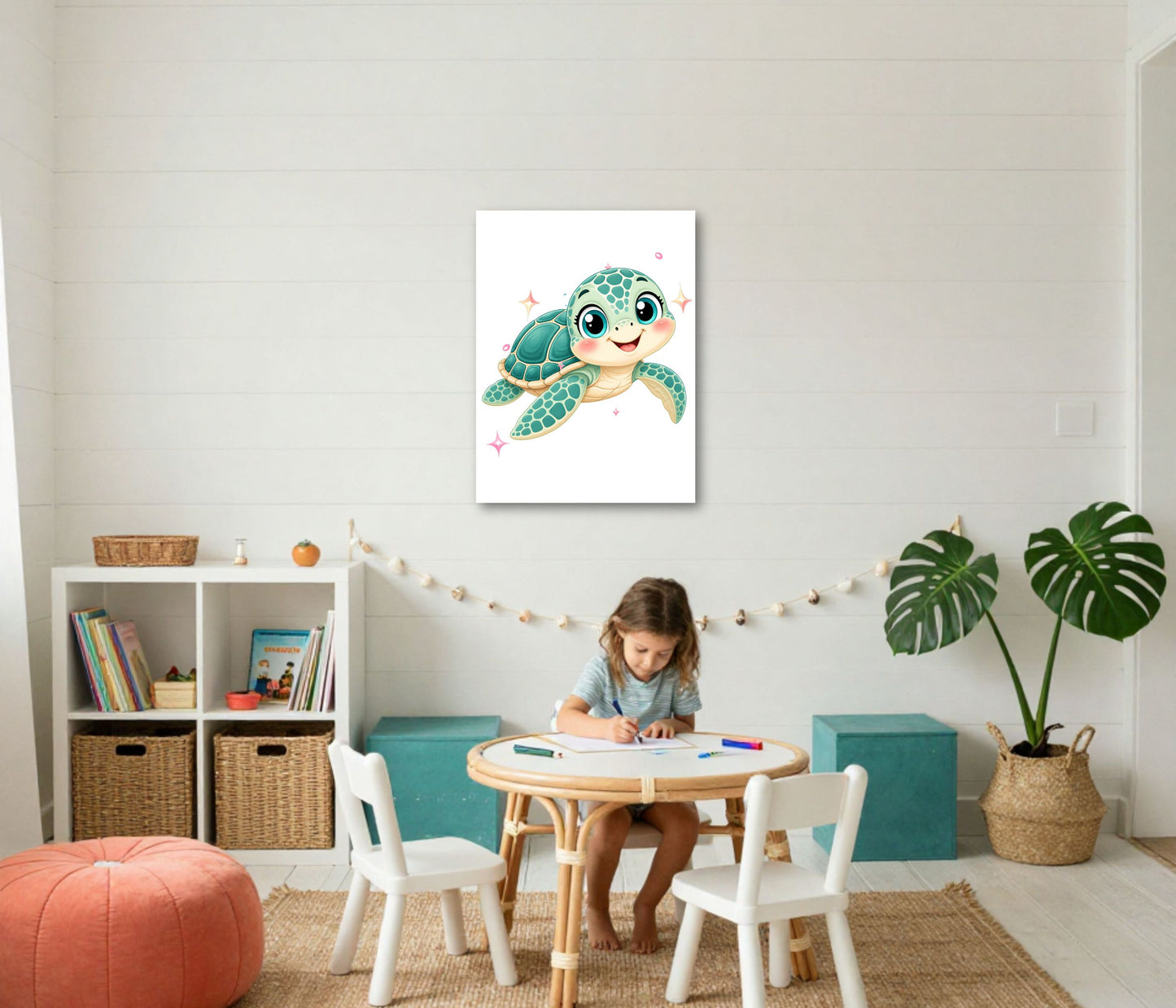A children's room scene with a young girl sitting at a small wooden table, and a framed wall art print of a smiling sea turtle centered above her. The room has white shiplap walls, a white shelving unit with books and baskets, teal storage boxes, a large potted monstera plant, and a peach-colored pouf.