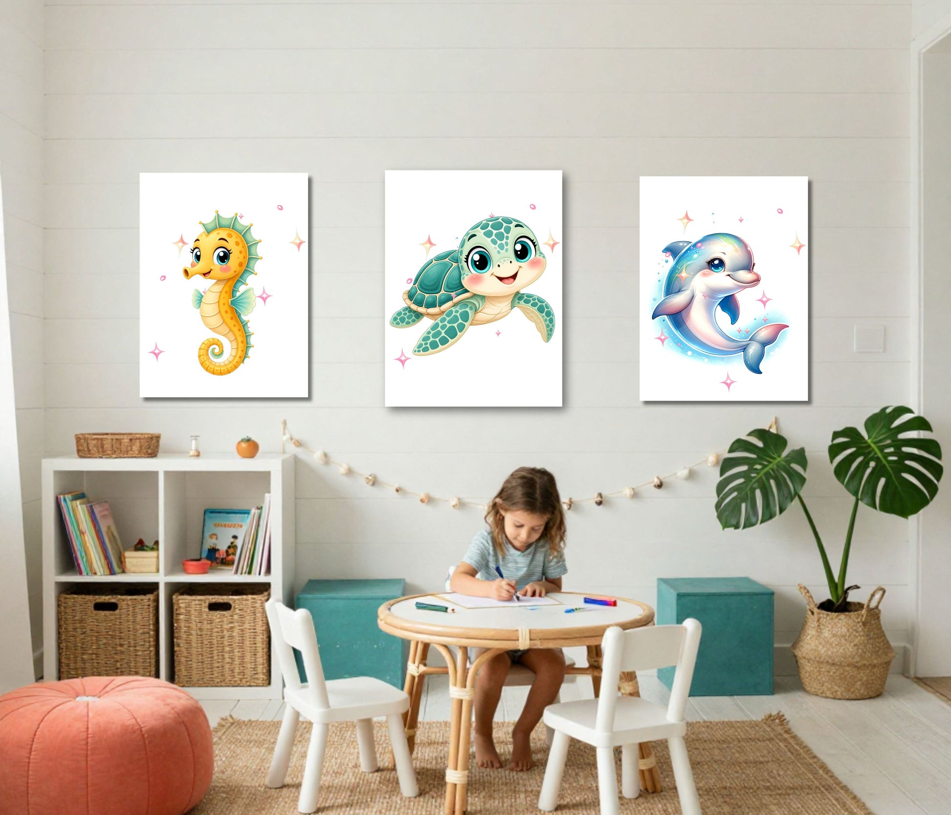 Three vertical canvas prints featuring colorful cartoon sea life illustrations—a yellow seahorse, a green sea turtle, and a blue dolphin—hung on a white wall above a child's drawing table in a bright nursery or playroom.