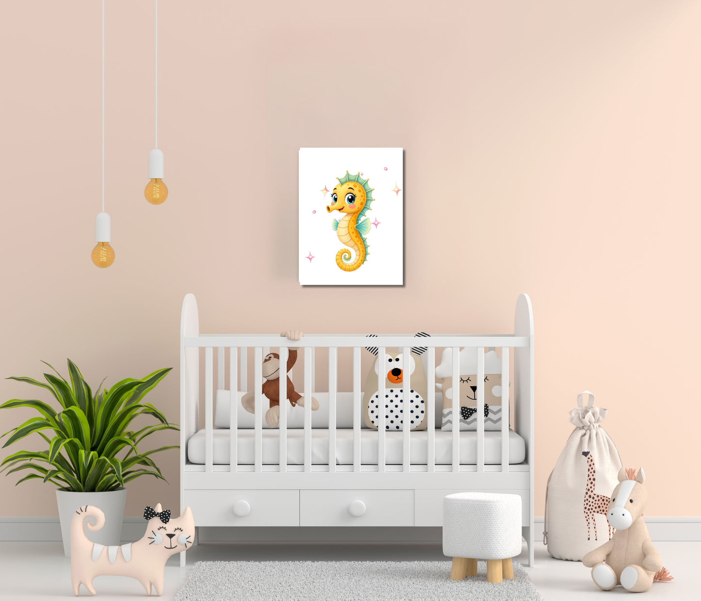 A nursery room scene with a white crib, pastel peach wall, hanging pendant lights, a potted plant, a small stool, and a framed seahorse artwork centered above the crib.