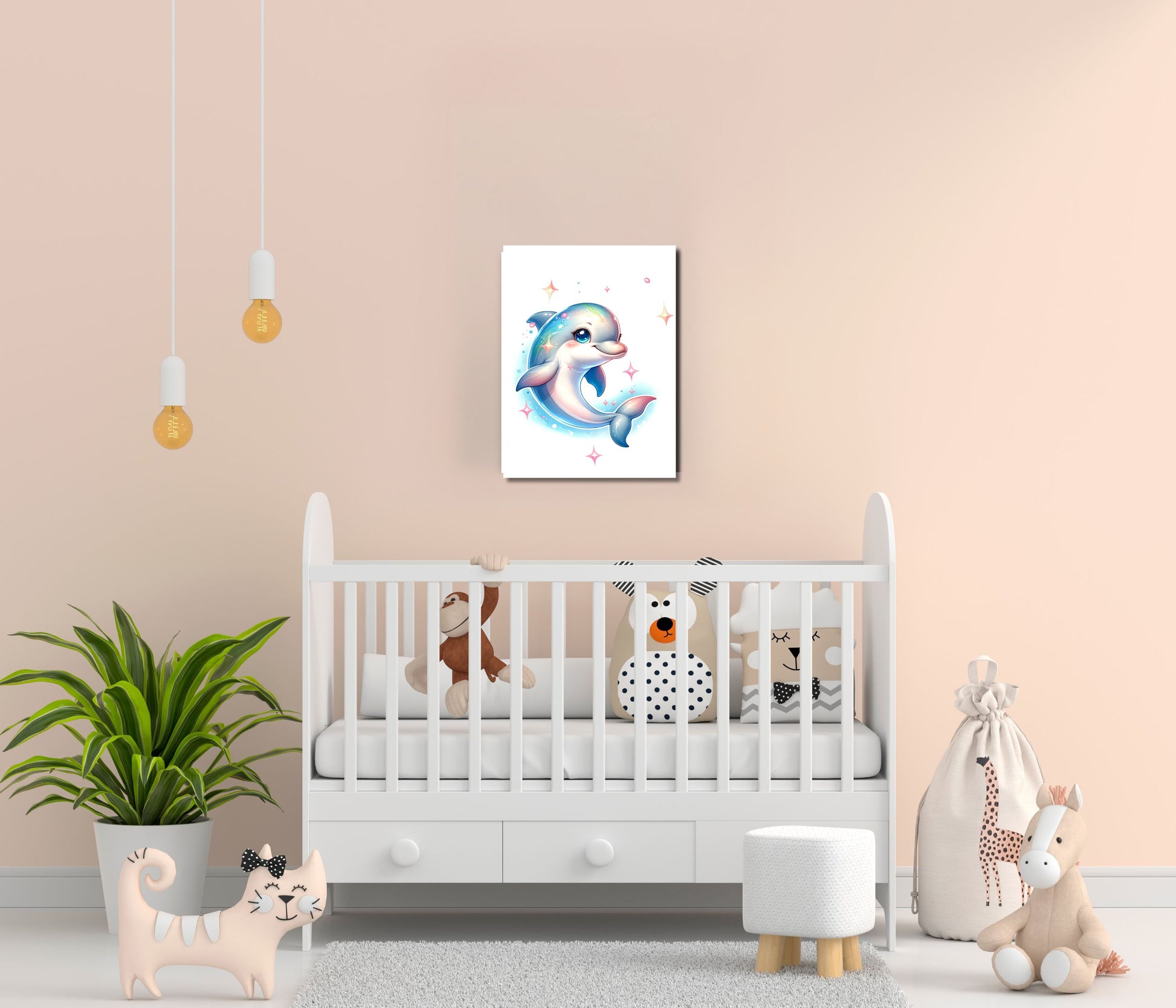 A framed wall art print featuring a blue and white cartoon dolphin, displayed above a white baby crib in a styled nursery room with a peach-pink wall, hanging pendant lights, a potted plant, and stuffed toys.