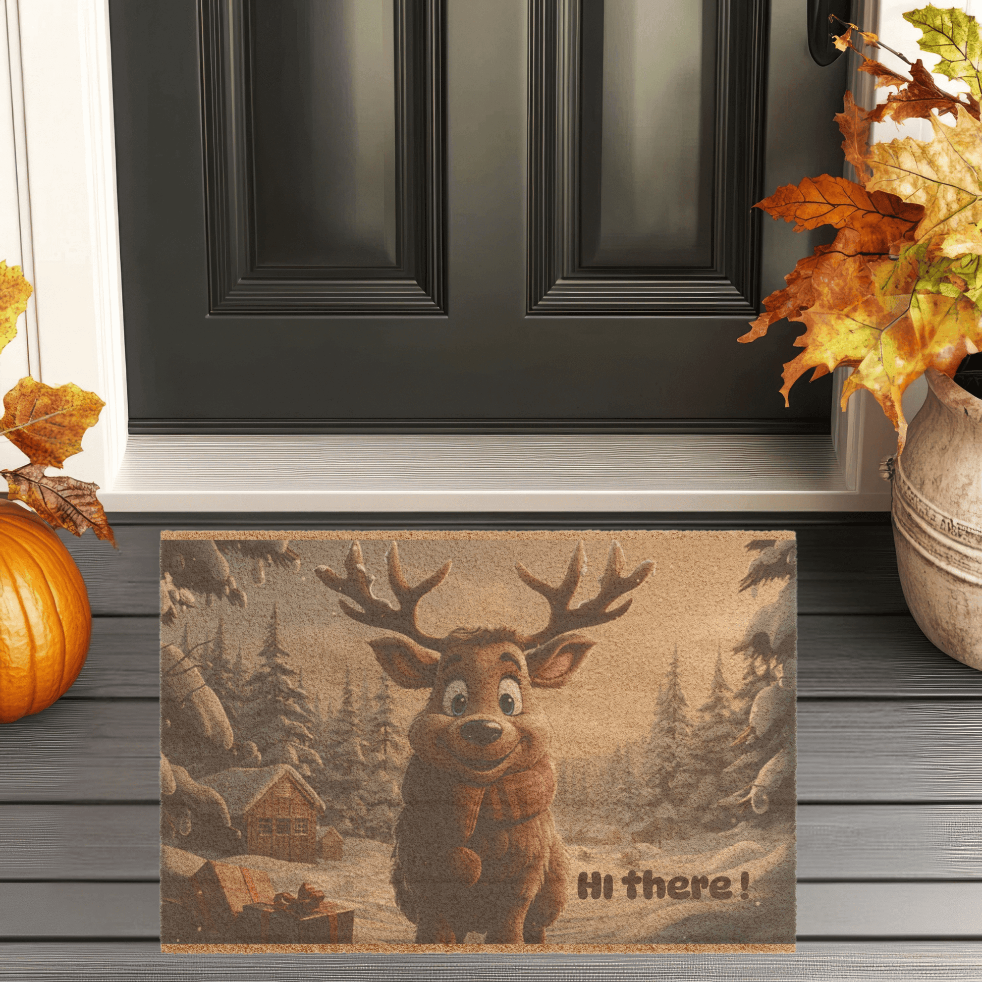 Holiday Reindeer Welcome Mat featuring a cheerful reindeer and snowy forest scene with 'Hi there!' text.