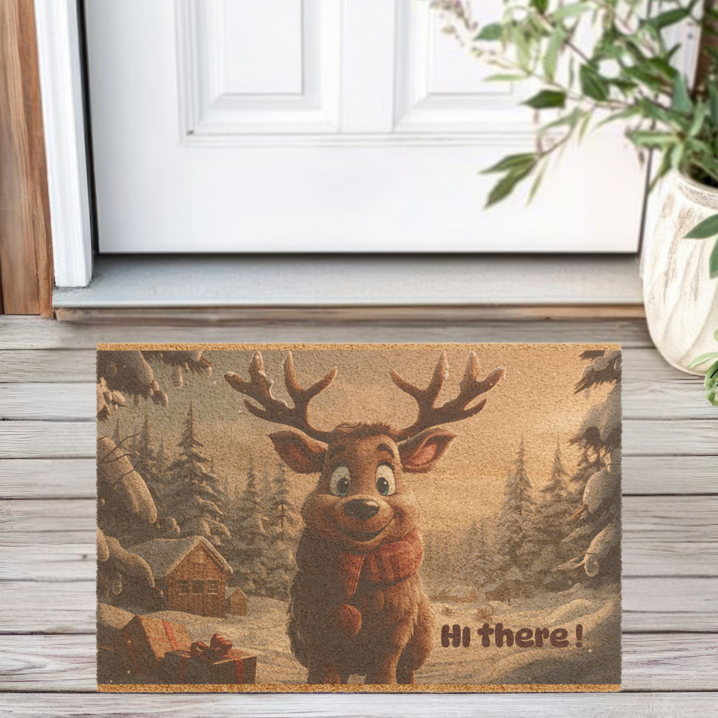 Holiday reindeer welcome mat with a cheerful reindeer and snowy villate scene, is a delightful welcome to your holiday guests!