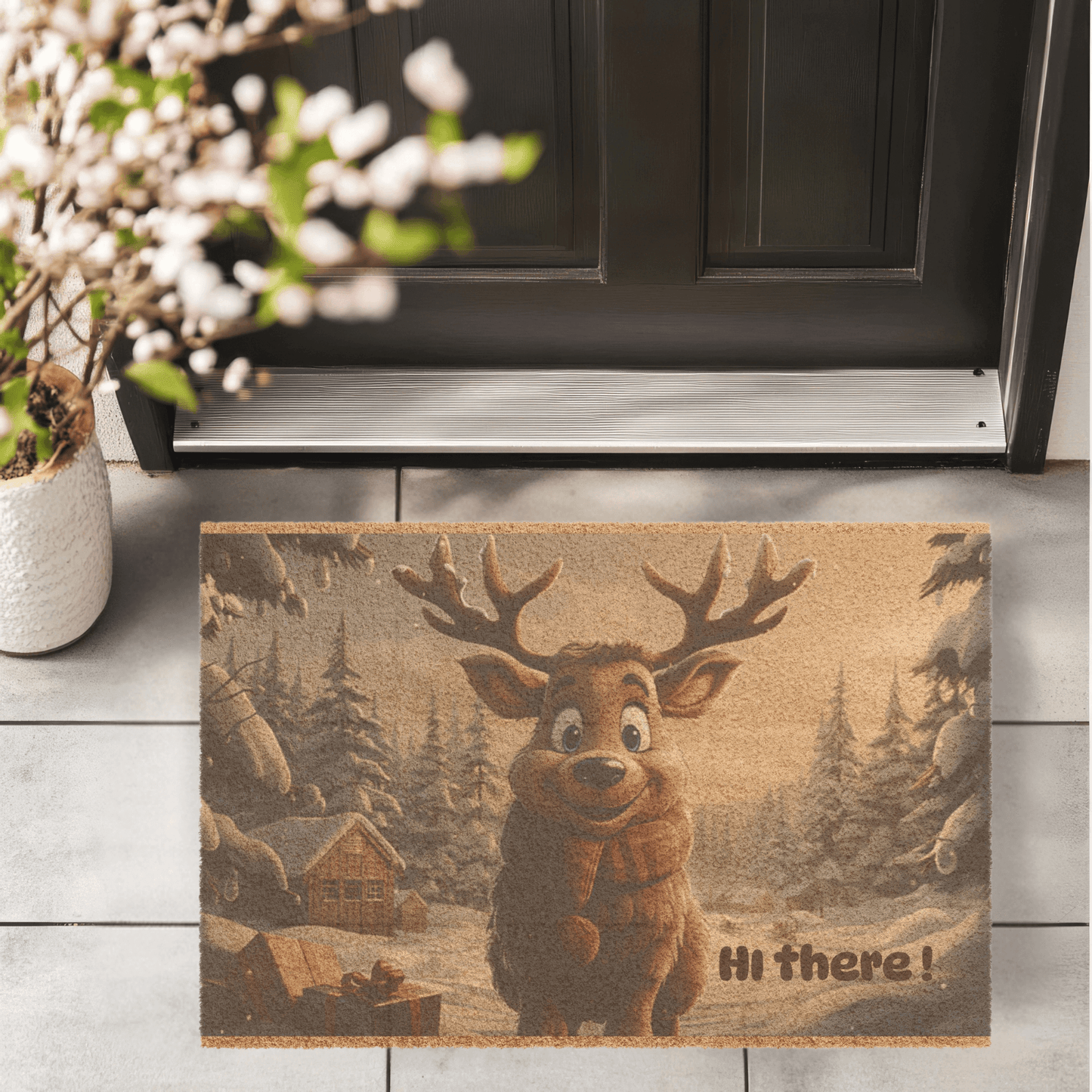 Holiday Reindeer Welcome Mat featuring a festive reindeer welcoming guests with a cheerful "Hi there!"