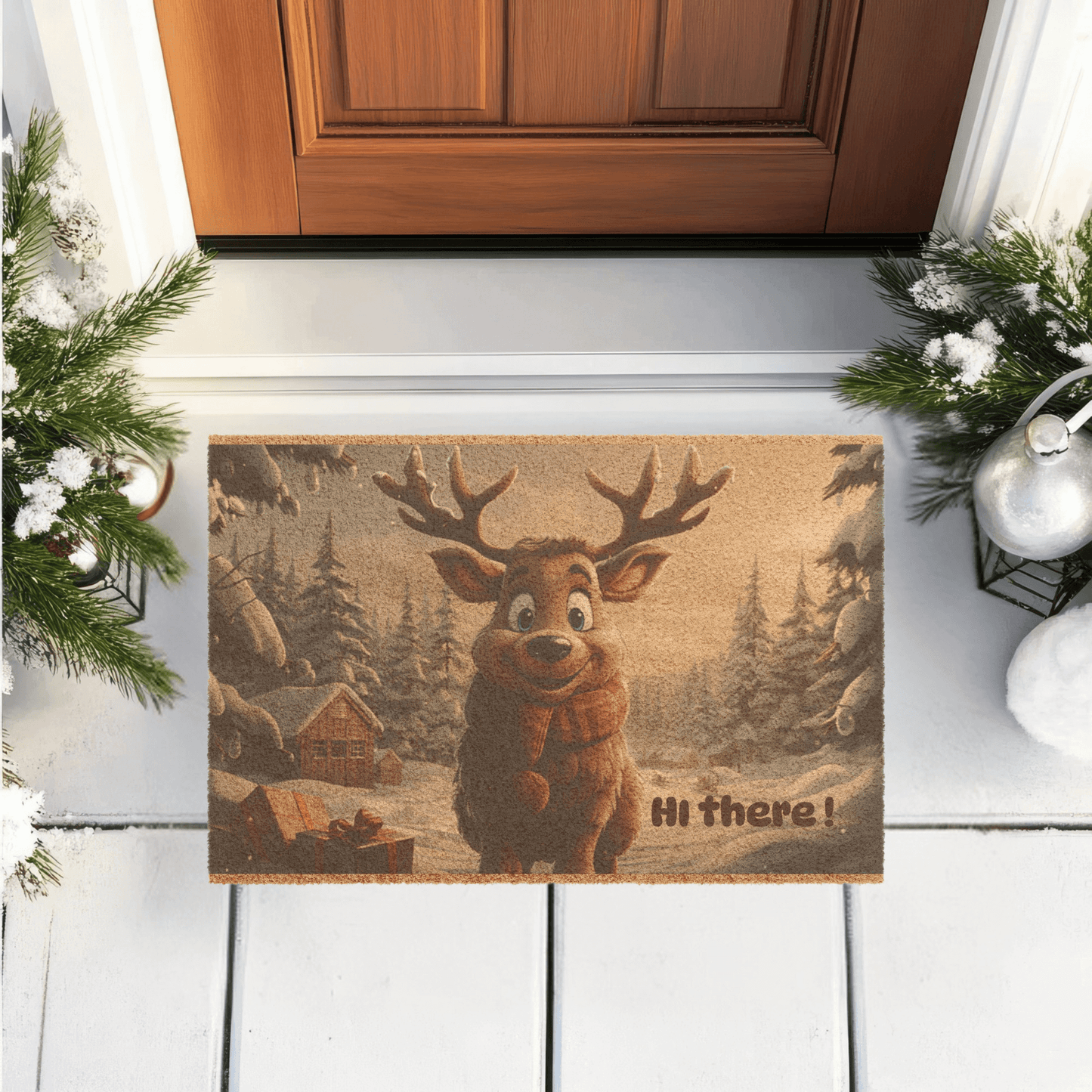 Holiday reindeer welcome mat with a cheerful reindeer and snowy forest scene, perfect for welcoming holiday guests.