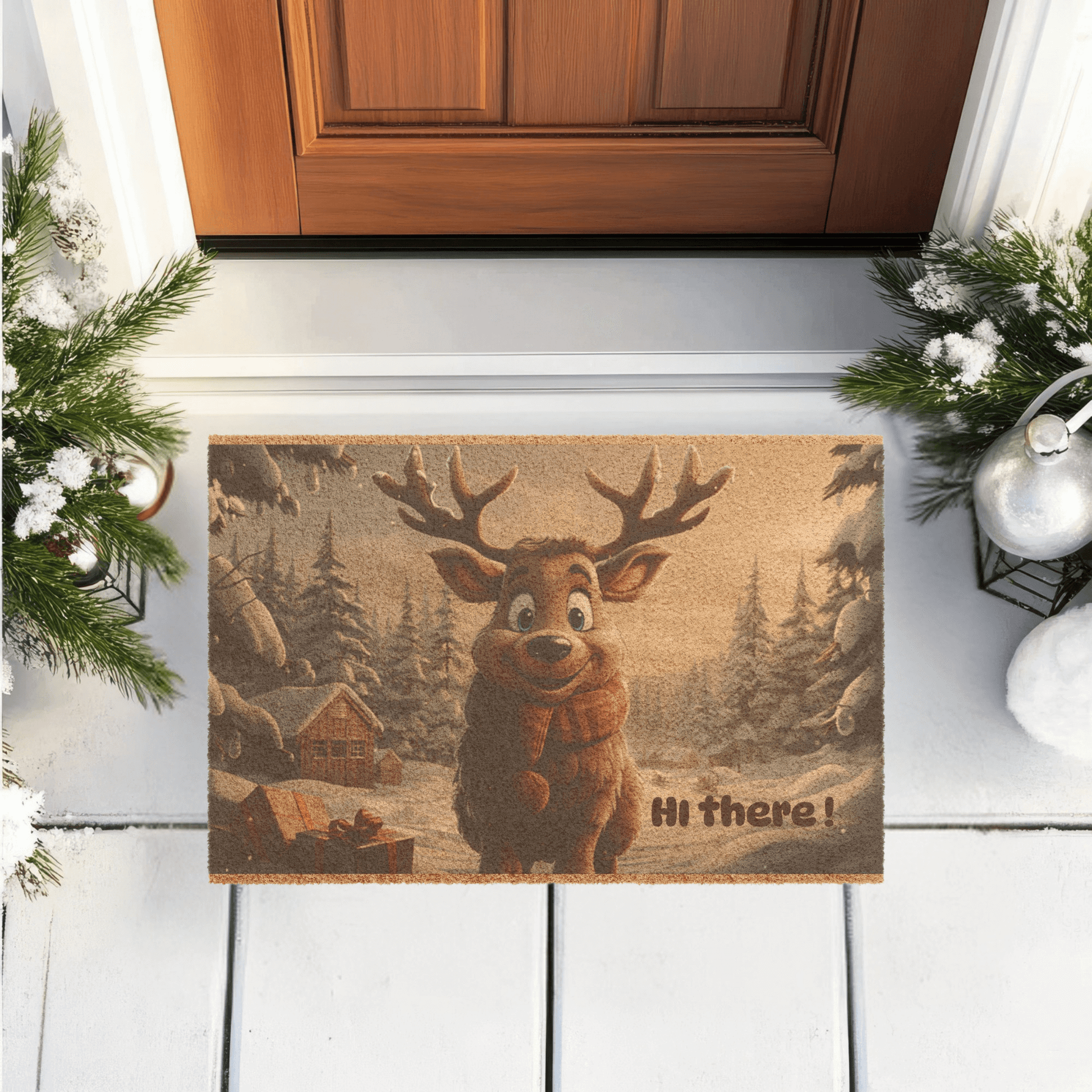 Holiday reindeer welcome mat with a cheerful reindeer and snowy forest scene, perfect for welcoming holiday guests.