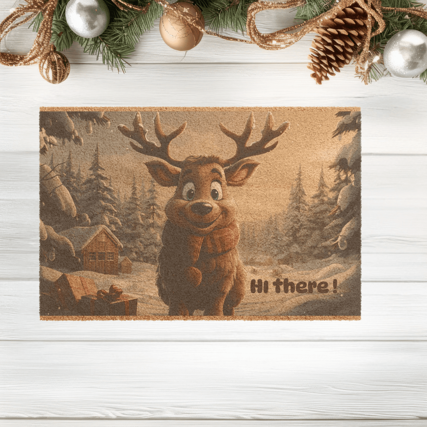 Holiday reindeer welcome mat with a cheery "Hi there!" from a festive  reindeer and snowy forest scene, perfect for holiday entryway decor.