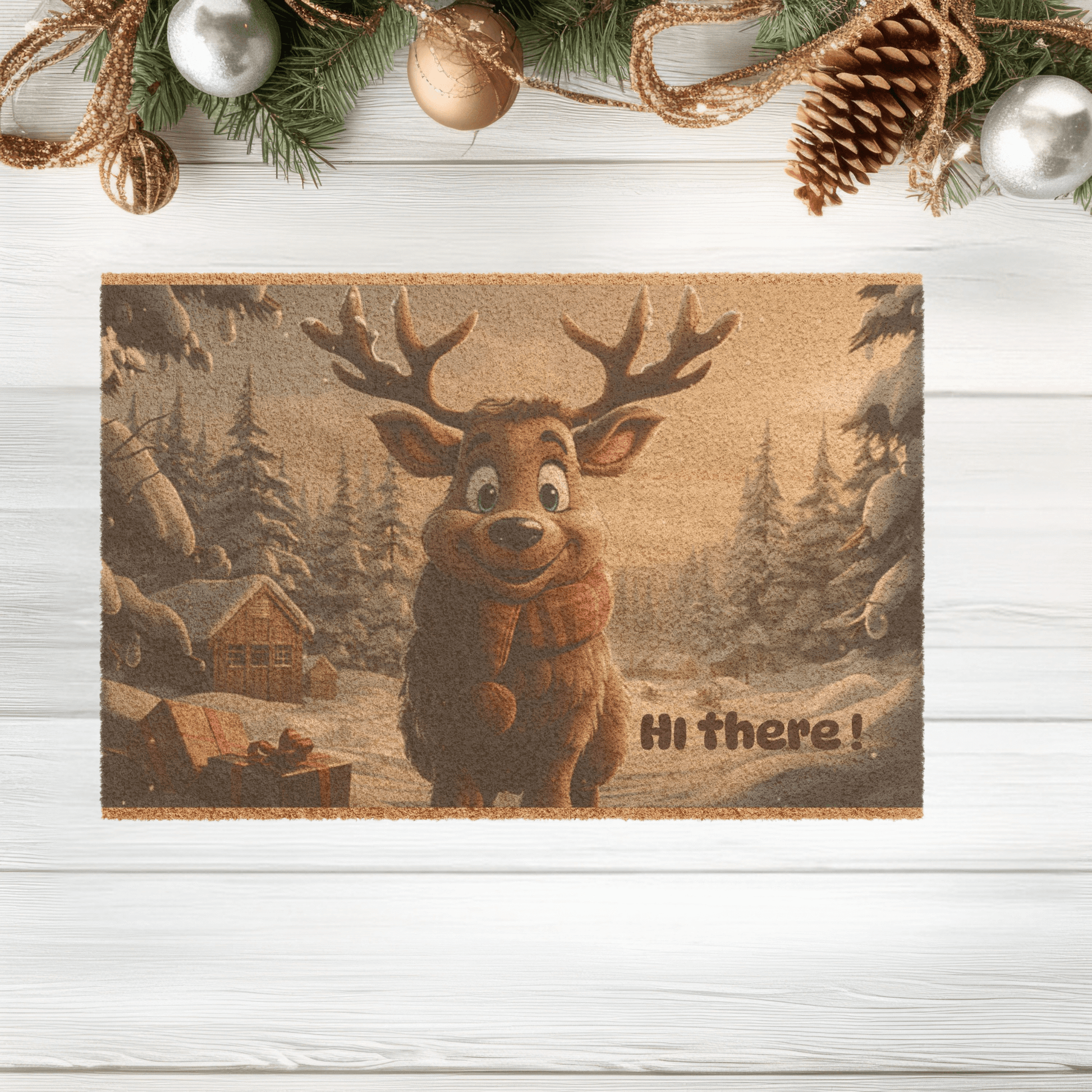 Holiday reindeer welcome mat with a cheery "Hi there!" from a festive  reindeer and snowy forest scene, perfect for holiday entryway decor.