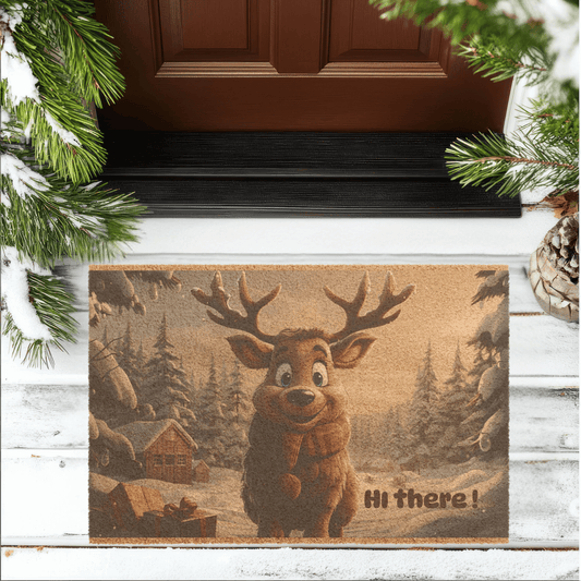 Holiday reindeer welcome mat with a cheerful reindeer and snowy forest scene, perfect for holiday entryway decor.