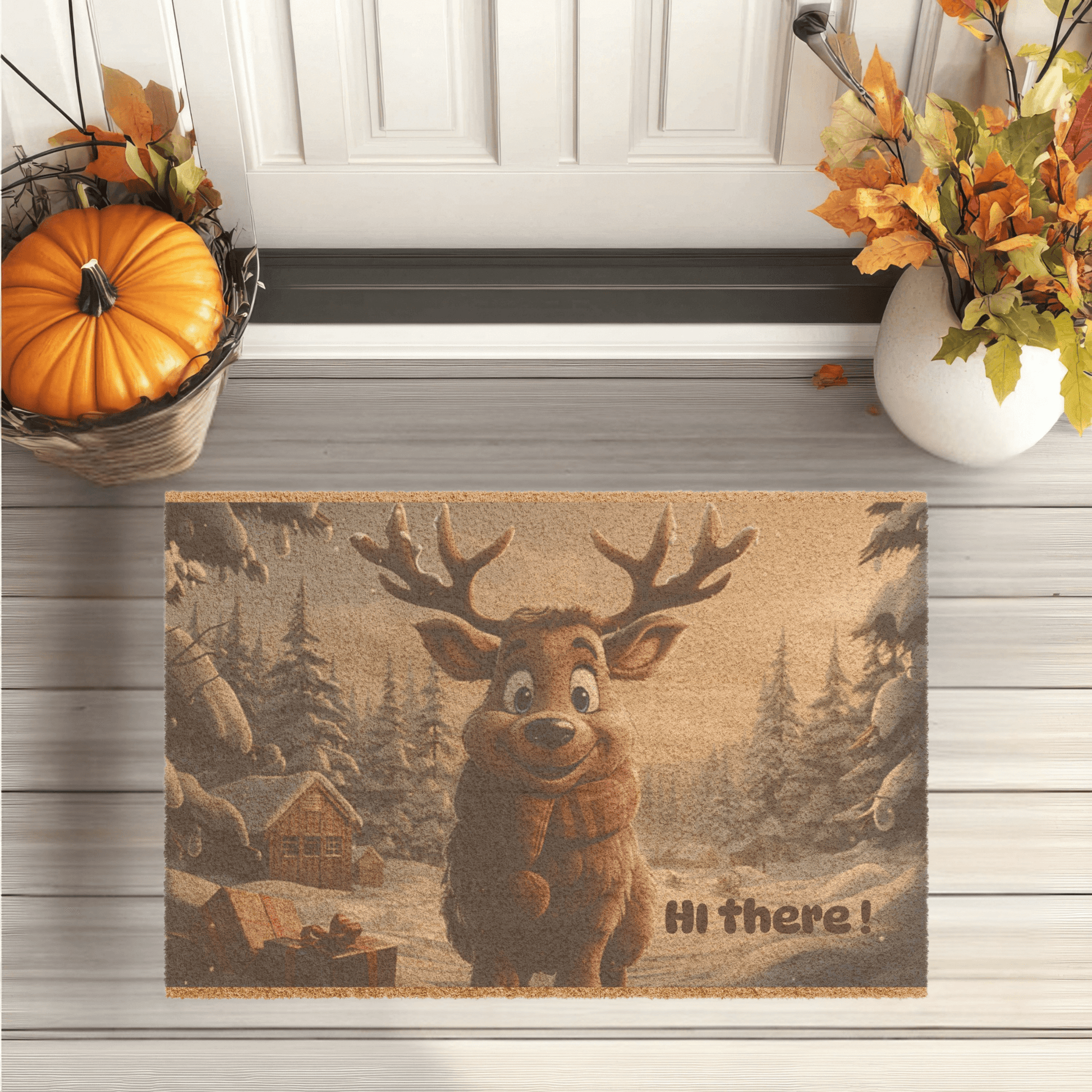 Holiday reindeer welcome mat with it's cheerful reindeer and snowy forest scene, is the perfect welcome to your home!