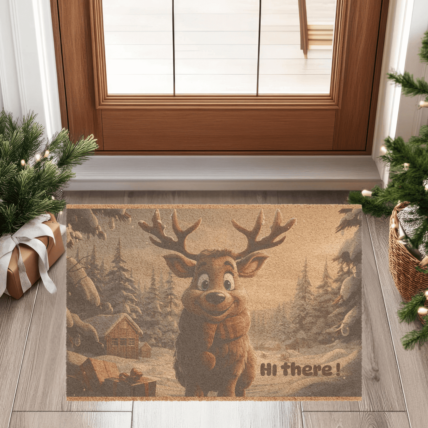 Holiday reindeer welcome mat with a cheerful reindeer and snowy forest scene, perfect for holiday entryway decor.