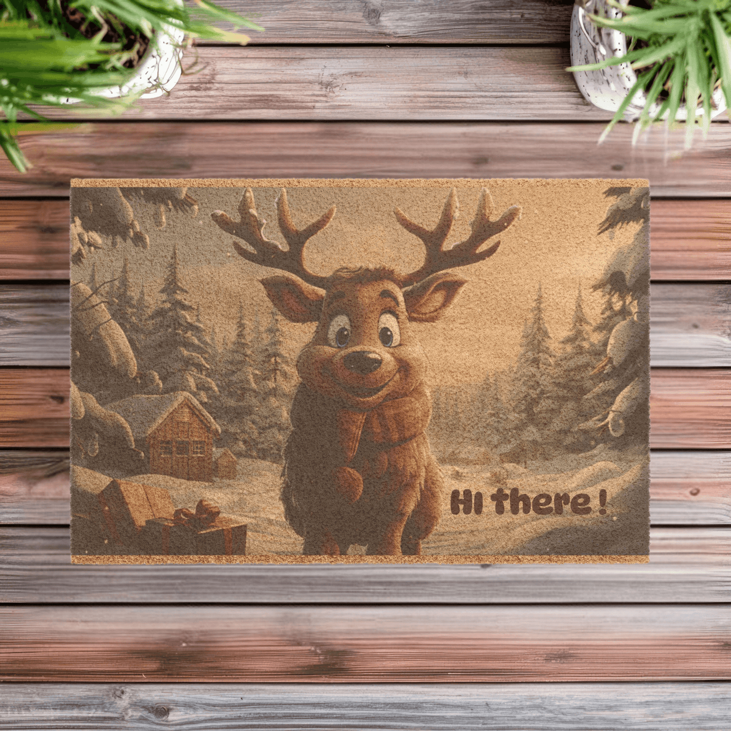 Holiday reindeer welcome mat, perfect holiday entryway decor, welcomes your holiday visitors with a happy reindeer and a cheery "Hi there"!