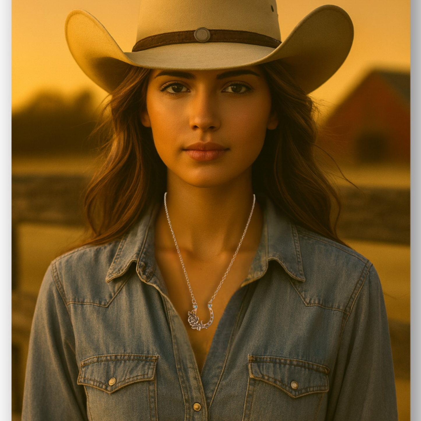 Silver Horseshoe Necklace with Roses & Turquoise Beads