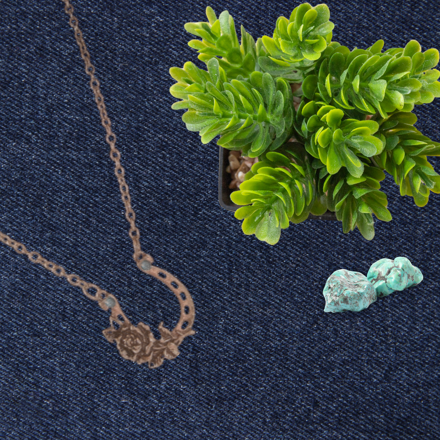 Silver Horseshoe Necklace with Roses & Turquoise Beads