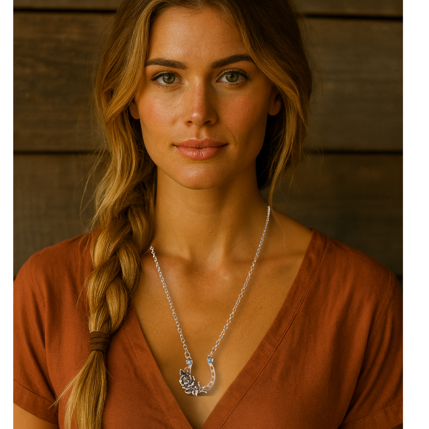 Silver Horseshoe Necklace with Roses & Turquoise Beads